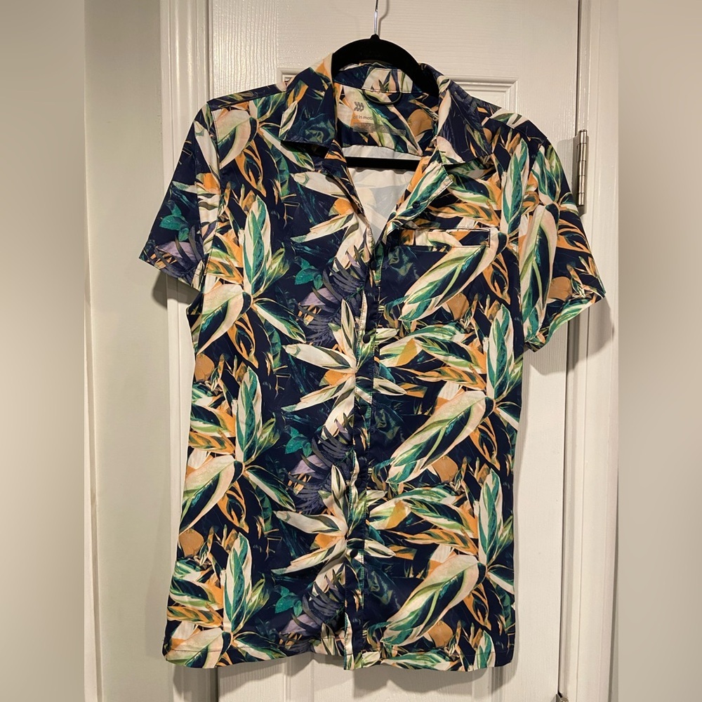 All In Motion Size S Navy Blue Palm Print Hawaiian Snap Front Shirt Travel